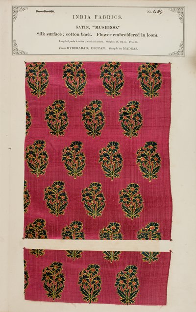 Mushroo satin sample from Hyderabad in Deccan, from The Collection of the Textile Manufacturers of India, by John Forbes Watson, published in 1866 by Indian School