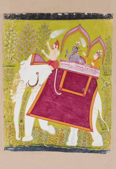 Rama and Lakshman in the howdah of a white elephant with Hanuman as mahout by Indian School