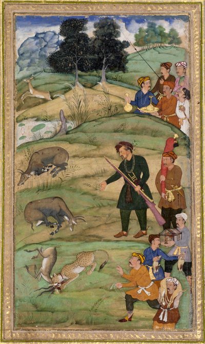 Salim, holding his rifle, gestures at a dead nilgai by Indian School