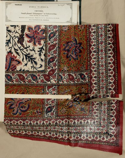 Small glazed palampore or bed-covering sample from Masulipatam in Madras, from The Collection of the Textile Manufacturers of India, by John Forbes Watson, published in 1866 by Indian School