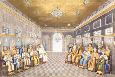 The Nawabs and Kings of Oudh in a Palace Interior with Their Servants in Attendance by Indian School