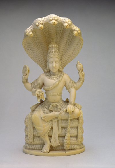 Vishnu, seated on the Serpent Sesha, holding a shell, mace, disc and lotus by Indian School