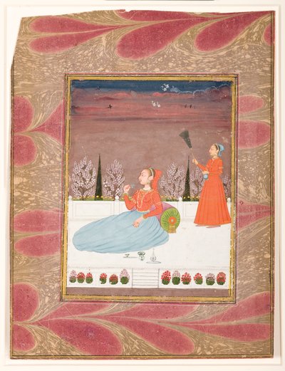 Woman seated on a terrace with an attendant with a chauri by Indian School
