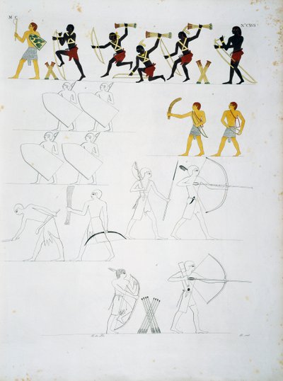 Military Scenes, Soldiers with Bows and Arrows, from Tombs of Beni Hasan, Plate CXVIII, from Monuments of Egypt and Nubia: Civil Monuments by Ippolito Rosellini