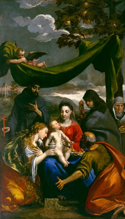 Virgin and Child with Saints Mary Magdalene, Peter, Clare, Francis and an Abbess, c.1600 by Ippolito Scarsella