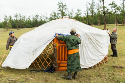 Local people constructing a ger, a portable yurt near Lake Khövsgöl in northern Mongolia by Ira Block