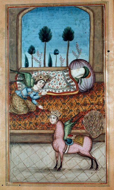 Lailah and the Archangel Gabriel appear to the sleeping Prophet and Al-Baruq, from the epic poem by Nezami by Iranian School