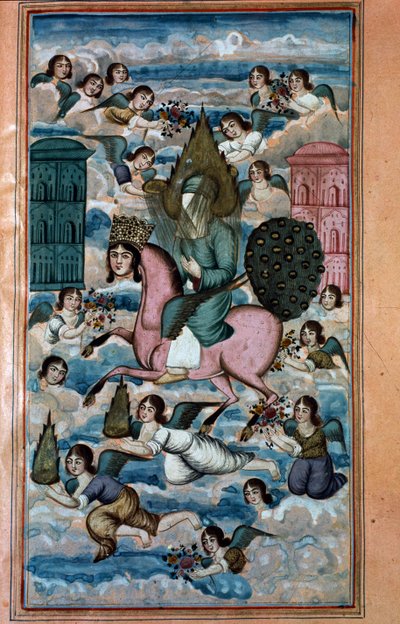 Layla and the legendary journey of Muhammed to Heaven, from the epic poem by Nezami by Iranian School