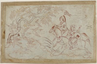 Two Horsemen Hunting with Falcon by Iranian School