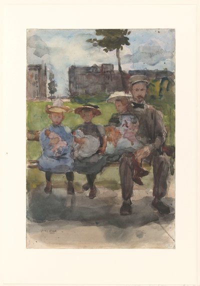 A Man with Three Girls on a Bench in the Oosterpark in Amsterdam by Isaac Israels