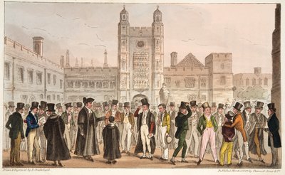 First Absence, or Etonians Answering Morning Master Roll, from The English Spy published 1824 by Isaac Robert Cruikshank