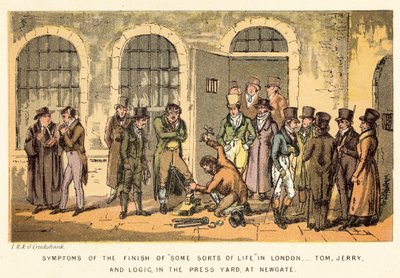 Symptoms of the Finish of Some Sorts of Life in London, Tom, Jerry, and Logic, in the Press Yard, at Newgate by Isaac, Robert and George Cruikshank