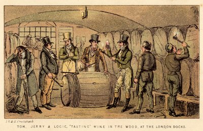 Tom, Jerry and Logic, tasting wine in the wood, at the London Docks by Isaac, Robert and George Cruikshank
