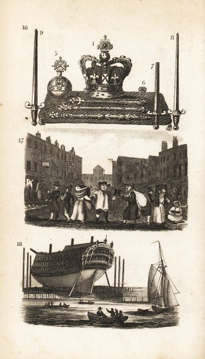 The Jewel Office in the Tower of London, Rag Fair and Old Clothes and Ship Building by Isaac Taylor