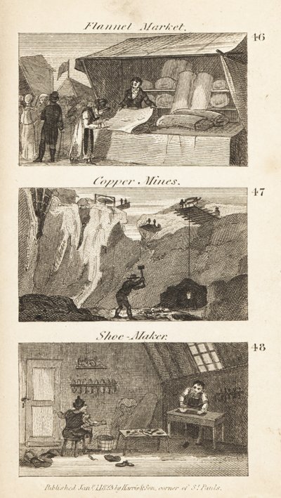 Trades in Regency England: flannel market, copper mines and shoe-maker by Isaac Taylor