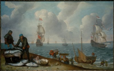 Fishermen with Catch on the Beach, Warships in a Bay by Isaac Willaerts