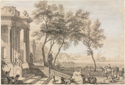 Fantastic Harbor Scene with Architecture and Figures by Isaac de Moucheron