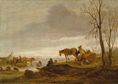 A Winter Landscape with Figures on a Frozen River by Isaac van Ostade