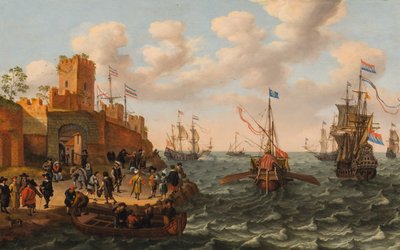 A Dutch Three-Master and a Papal Galley with other Shipping Along the Coast of a Fortified Town, c.1662 by Isaak Willaerts