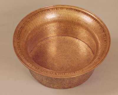Basin decorated with geometric patterns, animals and script, made for Hugh IV of Lusignan, King of Cyprus, Egyptian or Syrian by Islamic School