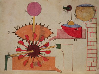 Diagram of a system for pumping water into a basin, from Book of Knowledge of Ingenious Mechanical Devices by Al-Djazari by Islamic School