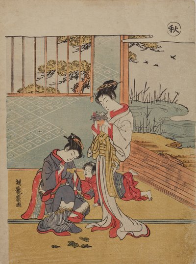 Autumn. Two Women and a Child in an Open Interior; from the series: The Four Seasons by Isoda Koryusai