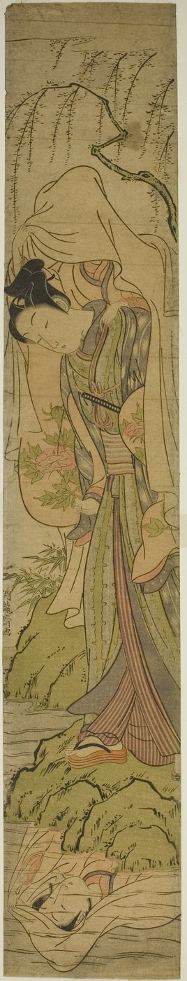 Young Man Carrying a Girl Sees Her Reflection in the Water by Isoda Koryusai