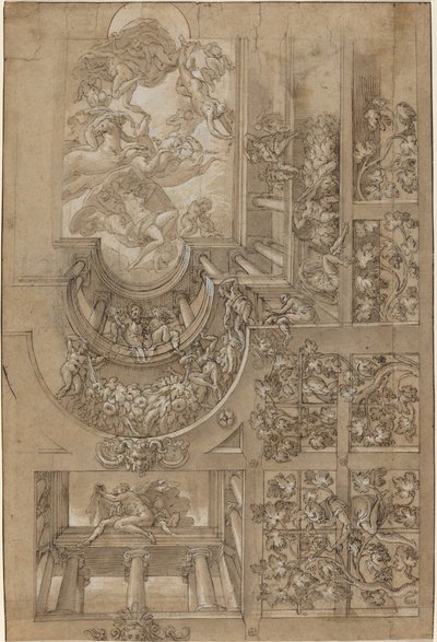 Illusionistic Ceiling with a Grape Arbor, Figures Poised on Galleries, and a Central Scene of Olympian Gods by Italian 16th Century