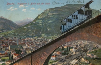 Bolzano - funicular railway and view of the town. Postcard sent in 1913 by Italian Photographer