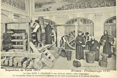 Monks Pressing Champagne Grapes in 1710, Exhibit at the Turin International Exhibition, Italy by Italian Photographer