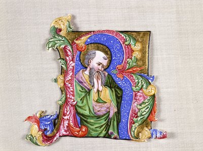 A Praying Saint, a large historiated initial R, c.1400 by Italian School