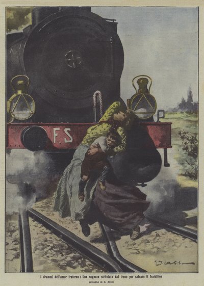 A tragedy of sisterly love: a girl killed by a train as she saves her little brother by Italian School