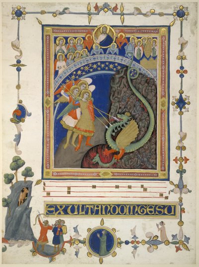 St. Michael and his angels in combat with the dragon and his host by Italian School