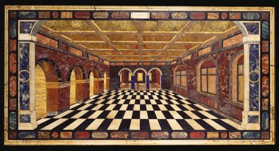 An Italian Pietre Dure Inlaid Marble Table Top Depicting an Interior Scene of a Receding Arcaded Gallery by Italian School