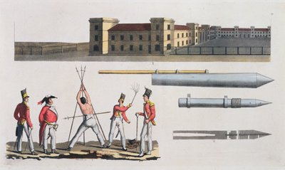 Chatham Barracks, a Military Punishment called the Triangle and Congreve Rockets, plate 17 from The History of the Nations by Italian School