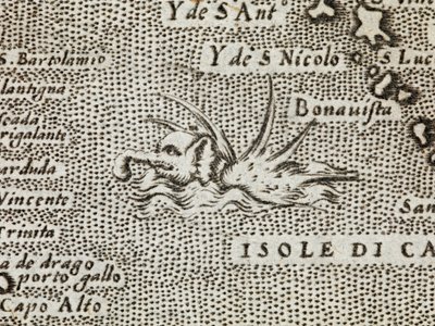 Detail of a sea elephant with an impressive array of spikes jutting from its back, from 
