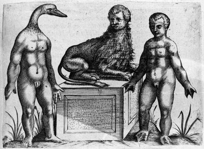 Different types of human monsters: a man with the head of a duck, a man with the body of a lion and another with palm hands. Engraving from 