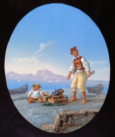 Fisherman on Beach, with Island of Capri in Background by Italian School