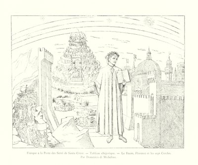 Fresco at the Porta dei Servi of Santa Croce, Allegorical Painting, Dante, Florence and the Seven Circles, By Domenico di Michelino (engraving) by Italian School