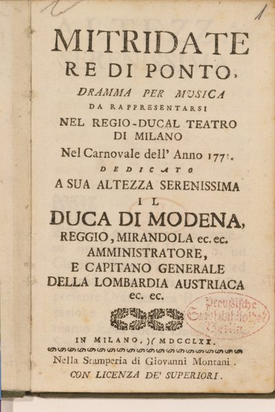 Frontispiece from an Early Copy of Mitridate, re di Ponte, an Opera by Wolfgang Amadeus Mozart, 1770 by Italian School