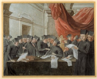 Jesuits in conclave, arguing over accounts by Italian School