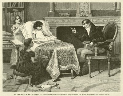 The Childhood of Mazzini, Here He is Happy with His Small Bed Covered with Books and Maps, Proposing Certain Questions (engraving) by Italian School