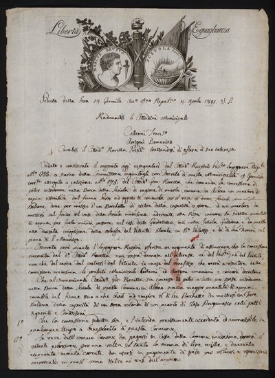 Letter in Italian, with a depiction of the head of Brutus the younger, a burning hand representing Gaius Mucius Scaevola, and the motto of the French Revolution by Italian School