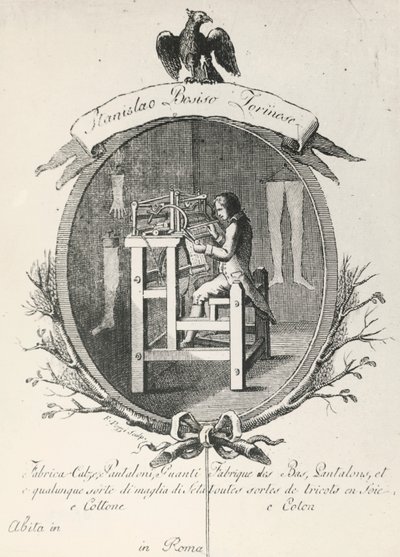 Loom for making socks, pants and gloves, engraving for poster advertising the Stanislaus Bosiso company, Italy by Italian School