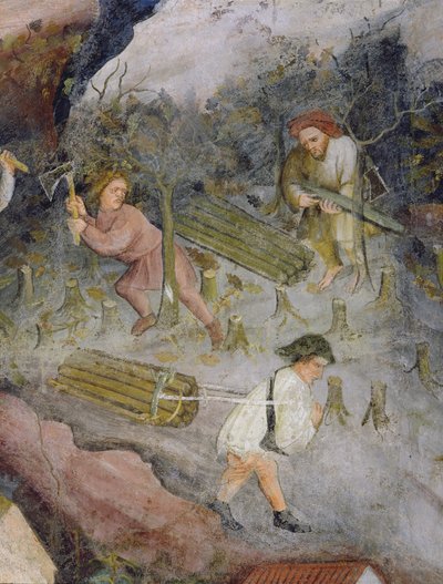 Lumberjacks at Work. Felling Trees in the Forest by Italian School