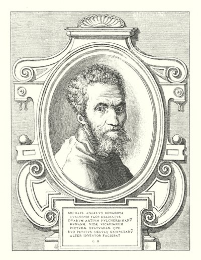 Michael Angelus Bonarota, Flower of the Tuscans, Chosen of Two Arts, Painting and Sculpture, Extinct in His Age (engraving) by Italian School