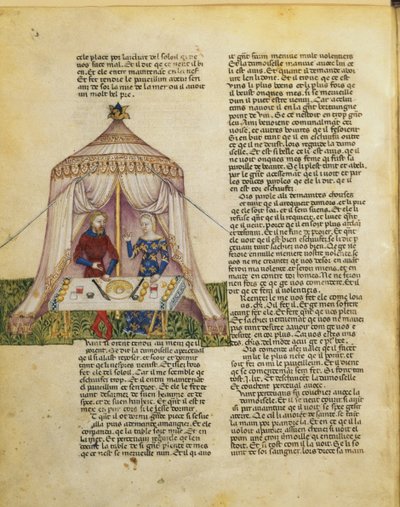 Sir Percival is tempted by a damsel who gives him a feast before seducing him, from the Queste del Saint Graal, c.1380-85 by Italian School