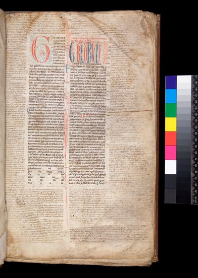 Ms 213. Gregory IX, Decretales with Apparatus by Bernardo Botone of Parma, F.1r. Initial [G] in Red with Reserved and Blue Penwork Decoration by Italian School