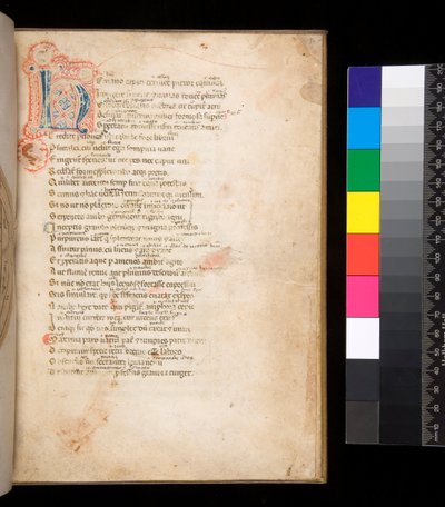 Ms 315. Horace, Ars Poetica and Epistulae, f.1r. Decorated Initial [N] in Blue and Red Diapered Infill and Surrounding Penwork in Red by Italian School