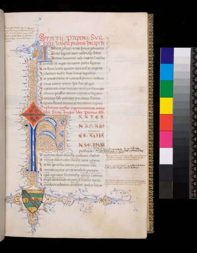 Ms 329. Statius, Thebaid, f.19r. Illuminated initial [F] in blue with reserved decoration for the incipit, and minor initial [A] in gold for the argumentum, and intricate contrasting pen-flourishing of gold and blue, extending to form a L-shaped foliate bo by Italian School